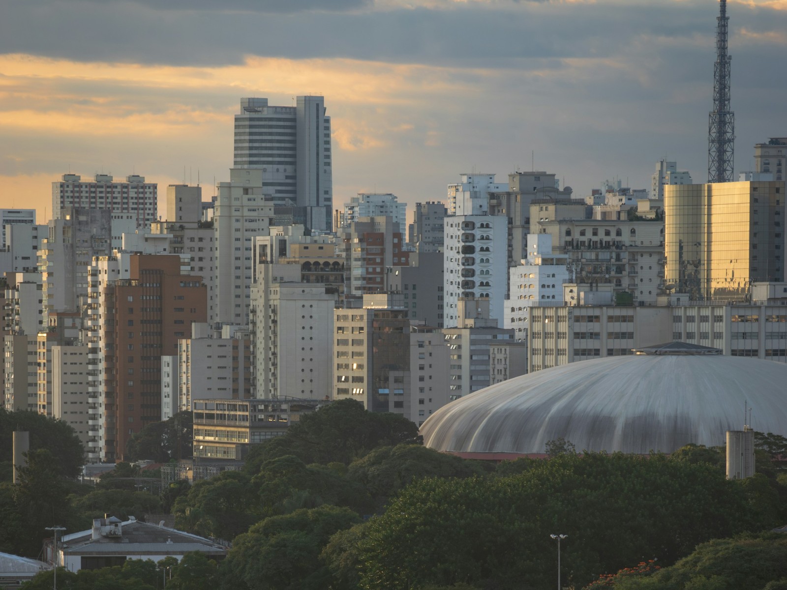 Edifícios de São Paulo e Parque Ibirapuera ao entardecer